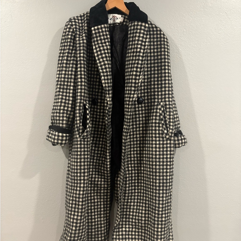 Black and White Checkered Wool Trench Coat